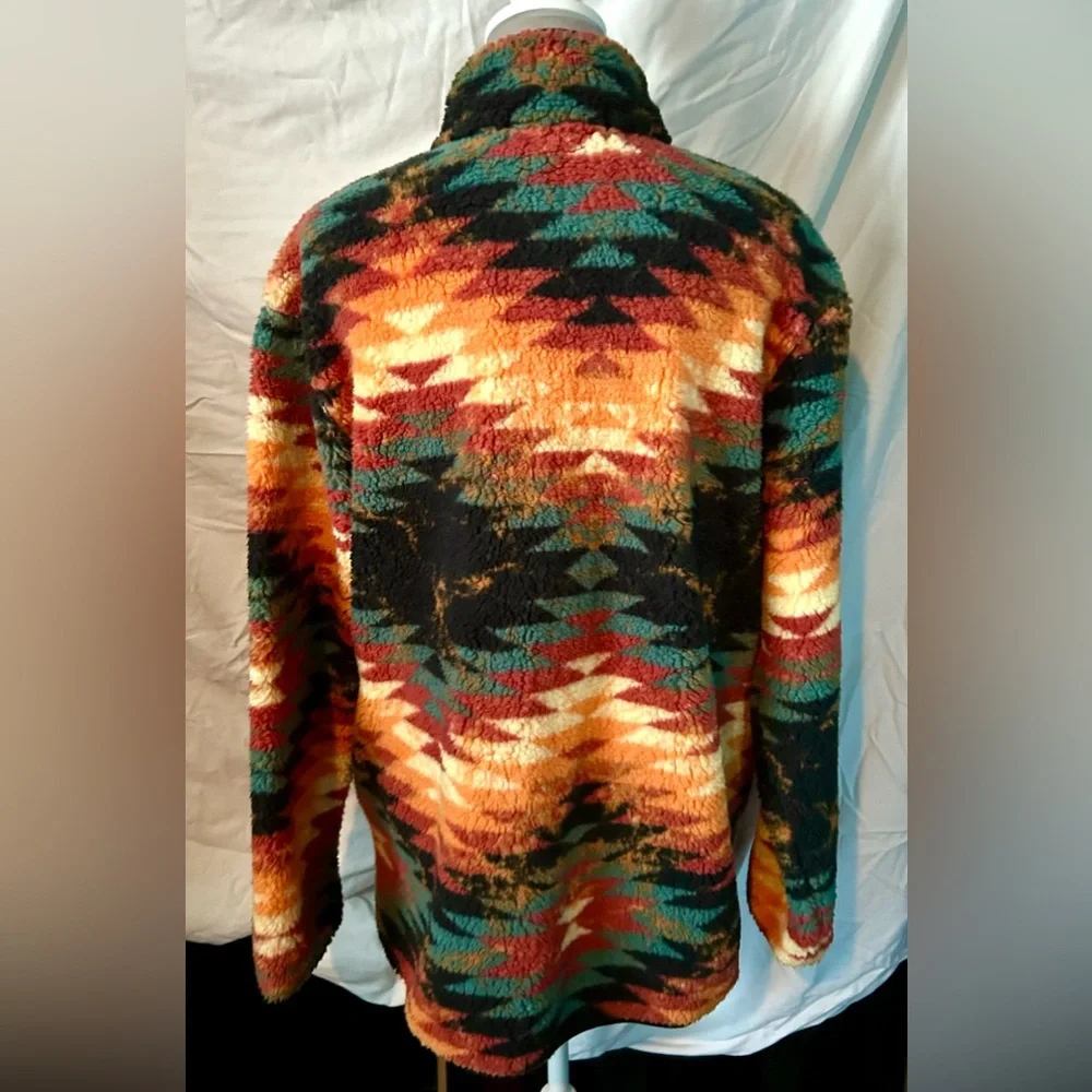 NWT Black, Orange Multicolor Southwestern Sherpa-Like Zip-Up Pullover, Size XL - Picture 7 of 10